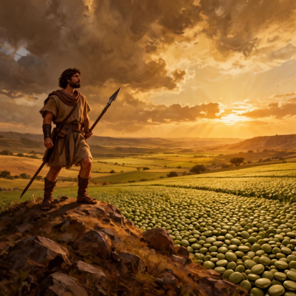 Guerreiro Samá observando o campo ao entardecer